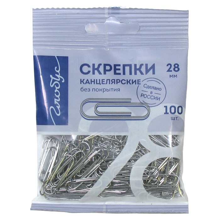 Скрепки 28мм Globus 100шт., пакет с европодвесом O328912 - фото 28776