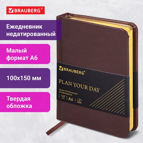 Ежедневник недатированный МАЛЫЙ ФОРМАТ А6, 100х150 мм, BRAUBERG "Iguana", кожзам, 160 л., темно-коричневый, 125105 125105 - фото 287822
