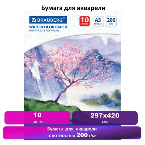 Бумага для акварели БОЛЬШАЯ А3, 10 л., 200 г/м2, 297х420 мм, BRAUBERG, Сакура, 125224 125224 - фото 287831