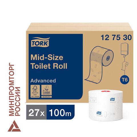 Бумага туалетная 100 м, TORK (Система Т6), комплект 27 шт., Advanced, 2-слойная, белая, 127530 126135 - фото 287861