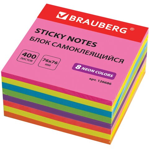 Блок самоклеящийся (стикеры), BRAUBERG, НЕОНОВЫЙ, 76х76 мм, 400 листов, 8 цветов, 126686 126686 - фото 287904