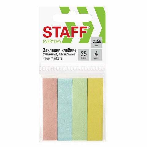 Закладки клейкие пастельные STAFF бумажные, 50х12 мм, 100 штук (4 цвета х 25 листов), европодвес, 127147 127147 - фото 287948