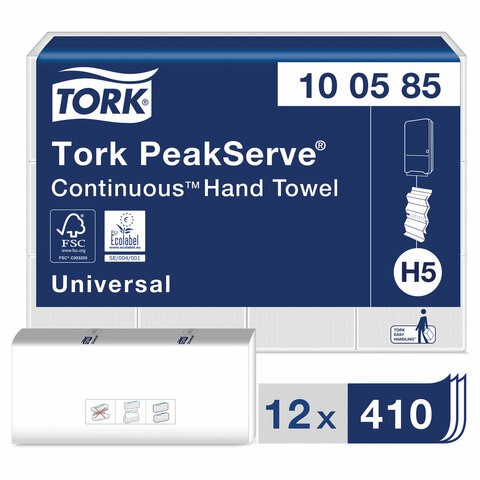 Полотенца бумажные 410 шт., TORK (Система H5) PeakServe, Universal, КОМПЛЕКТ 12 шт., 22,5x20 см, W, 100585 129996 - фото 288086