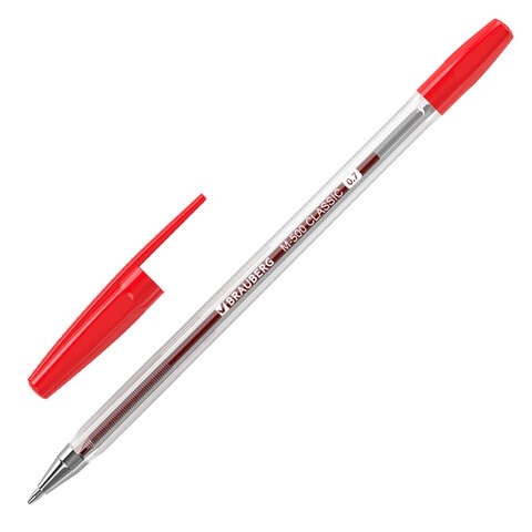 Ручка шариковая BRAUBERG "M-500 CLASSIC", КРАСНАЯ, корпус прозрачный, узел 0,7 мм, линия письма 0,35 мм, 143446 143446 - фото 288660