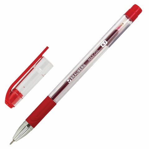 Ручка шариковая масляная с грипом BRAUBERG "Max-Oil", КРАСНАЯ, игольчатый узел 0,7 мм, линия письма 0,35 мм, 142143 142143 - фото 293175