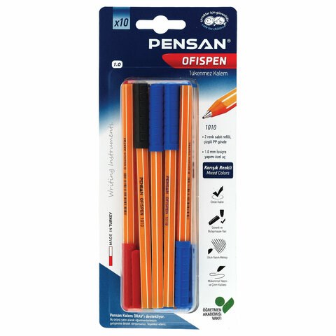 Ручки масляные PENSAN "Officepen", НАБОР 10 шт., АССОРТИ, узел 1 мм, линия письма 0,5 мм, 1010/B10 143840 - фото 293616