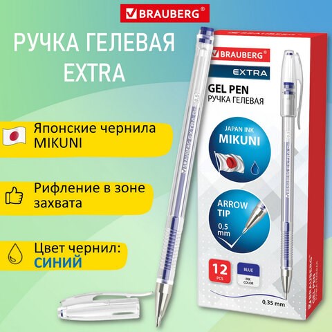 Ручка гелевая BRAUBERG EXTRA, СИНЯЯ, корпус прозрачный, узел 0,5 мм, линия 0,35 мм, 143902 143902 - фото 293647