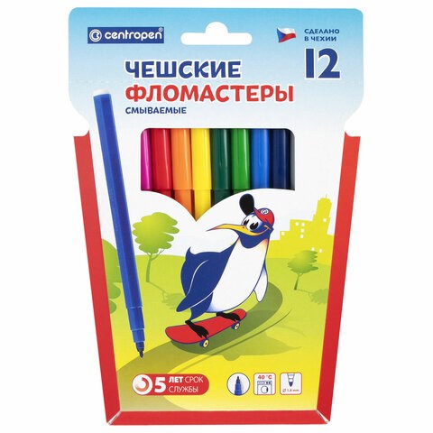 Фломастеры 12 ЦВЕТОВ CENTROPEN Пингвины, смываемые, вентилируемый колпачок, 7790/12ET 150056 - фото 293845