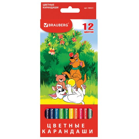 Карандаши цветные BRAUBERG My lovely dogs, 12 цветов, шестигранные, грифель 3 мм, натуральное дерево, 180531 180531 - фото 294530