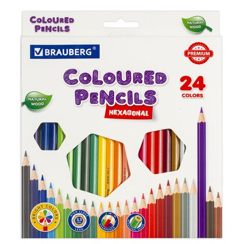 Карандаши цветные BRAUBERG PREMIUM, 24 цвета, шестигранные, грифель 3,3 мм, натуральное дерево, 181658 181658 - фото 294653