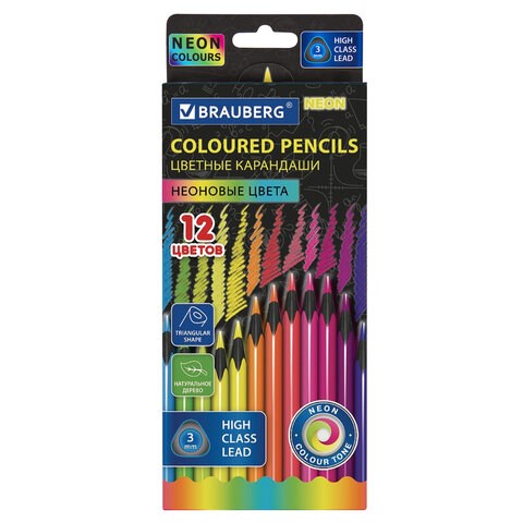 Карандаши цветные BRAUBERG NEON, 12 неоновых цветов, трехгранные, грифель 3 мм, черное дерево, 181852 181852 - фото 294728