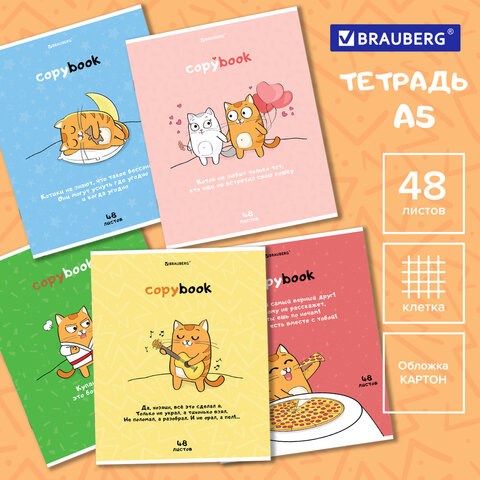 Тетрадь А5, 48 л., BRAUBERG, скоба, клетка, обложка картон, "Кот-Энтузиаст" (микс в спайке), 404365 404365 - фото 302293