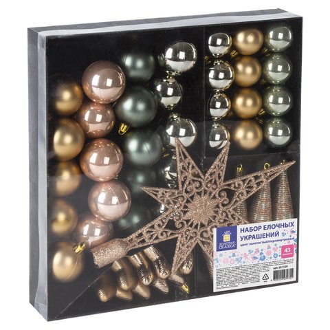Шары новогодние ёлочные Pearl River НАБОР 43 предмета, пластик, золото/перламутр, ЗОЛОТАЯ СКАЗКА, 591129 591129