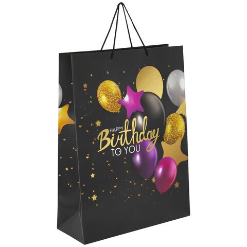 Пакет подарочный (1 штука) 33x13x45 см, ЗОЛОТАЯ СКАЗКА "Happy Birthday", фольга, черный, 608240 608240 - фото 306980