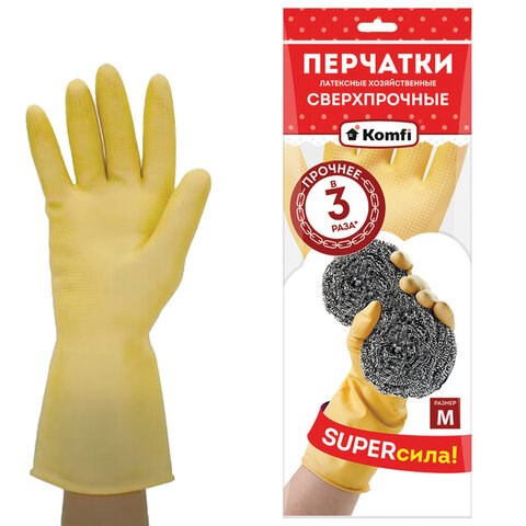 Перчатки МНОГОРАЗОВЫЕ латексные SUPER СИЛА СВЕРХПРОЧНЫЕ, бежевые, размер M (средний), вес 96 г, Komfi, ADM, 20073 609368 - фото 307613