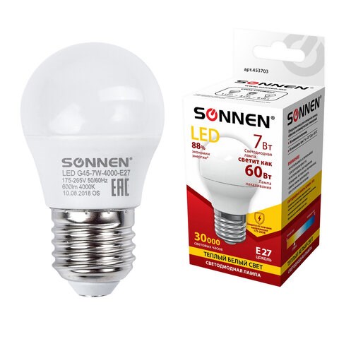 Лампа светодиодная SONNEN, 7 (60) Вт, цоколь E27, шар, теплый белый свет, 30000 ч, LED G45-7W-2700-E27, 453703 453703 - фото 321942