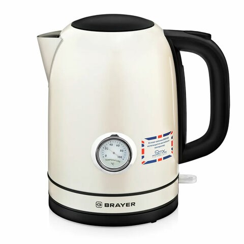 Чайник с термометром BRAYER BR1005YE, 1,7л, 2200Вт, закрытый нагревательный элемент, сталь, бежевый 456046 - фото 322176