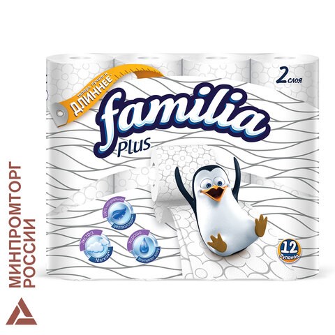 Бумага туалетная бытовая, спайка 12 шт., 2-слойная (12х20,4 м), FAMILIA PLUS, белая 112053