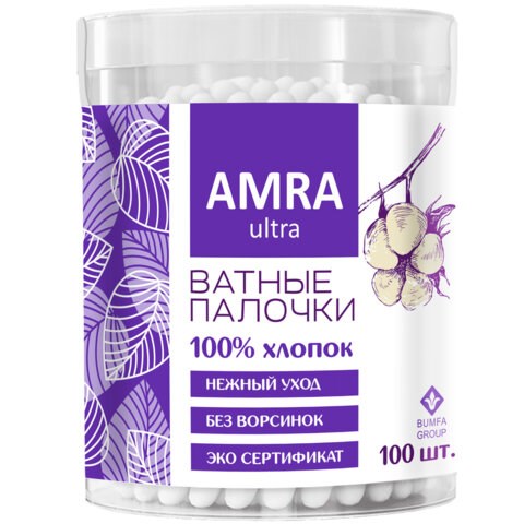 Ватные палочки 100 шт., AMRA, пластиковый стакан, П00055403 117588 - фото 324162