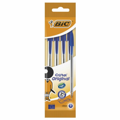 Ручки шариковые BIC "Cristal Original", НАБОР 4 шт., СИНИЕ, узел 1 мм, линия 0,32 мм, пакет, 8308601 140965