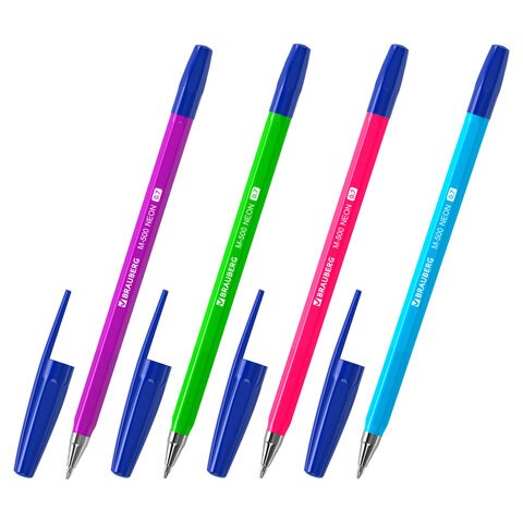 Ручка шариковая BRAUBERG M-500 NEON, СИНЯЯ, корпус ассорти, узел 0,7 мм, линия письма 0,35 мм, 143452 143452