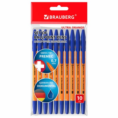 Ручки шариковые BRAUBERG "ULTRA ORANGE", СИНИЕ, НАБОР 10 штук, корпус оранжевый, узел 0,7 мм, 143571 143571 - фото 325341