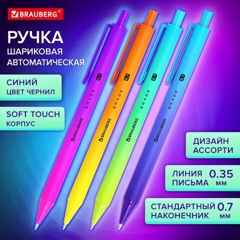 Ручка шариковая автоматическая BRAUBERG Grade, корпус soft-touch, СИНЯЯ, пишущий узел 0,7 мм, линия письма 0,35 мм, 144205 144205 - фото 325666