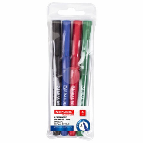 Маркеры перманентные BRAUBERG CLASSICLine, НАБОР 4 ЦВЕТА, тонкий наконечник 1 мм, 150295 150295