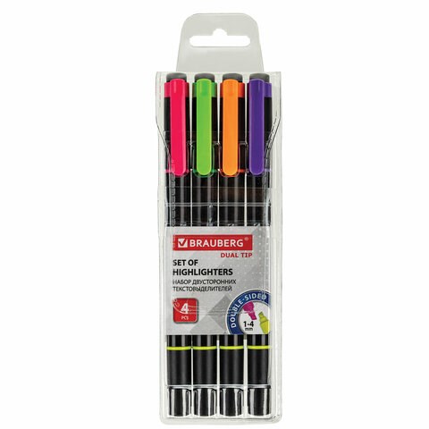 Набор текстовыделителей двусторонних BRAUBERG DUAL TIP 4 шт., АССОРТИ, линия 1-4 мм, 150845 150845 - фото 325802