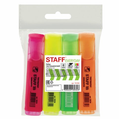 Набор текстовыделителей STAFF EVERYDAY HL-243, 4 шт., АССОРТИ, линия 1-5 мм, 151243 151243