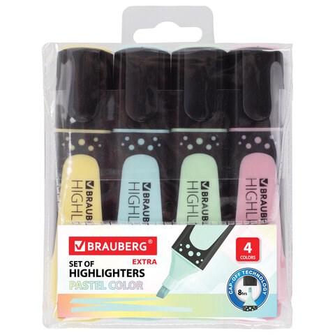 Набор текстовыделителей BRAUBERG 4 шт., АССОРТИ, EXTRA PASTEL, прорезиненный корпус, линия 1-5 мм, 151756 151756 - фото 326001