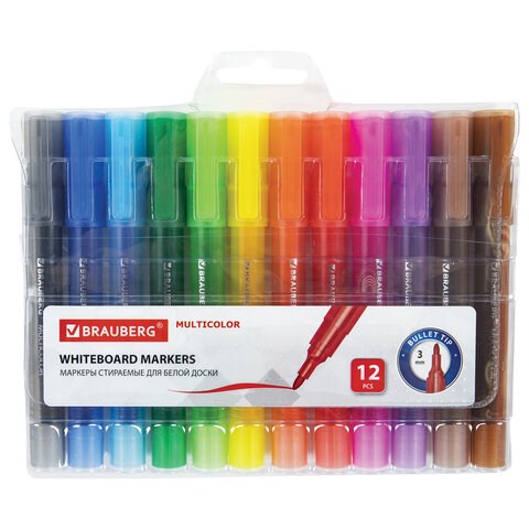 Маркеры стираемые для белой доски НАБОР 12 ЦВЕТОВ, BRAUBERG MULTICOLOR, 3 мм, 152121 152121 - фото 326086