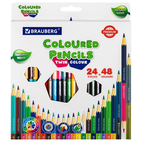 Карандаши цветные двусторонние BRAUBERG PREMIUM TWIN COLOUR, 24 штуки, 48 цветов, шестигранные, грифель 3,3 мм, натуральное дерево, 181875 181875 - фото 326592