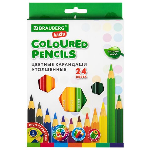Карандаши цветные утолщенные BRAUBERG KIDS, 24 цвета, шестигранные, грифель 5 мм, натуральное дерево, 181879 181879 - фото 326596