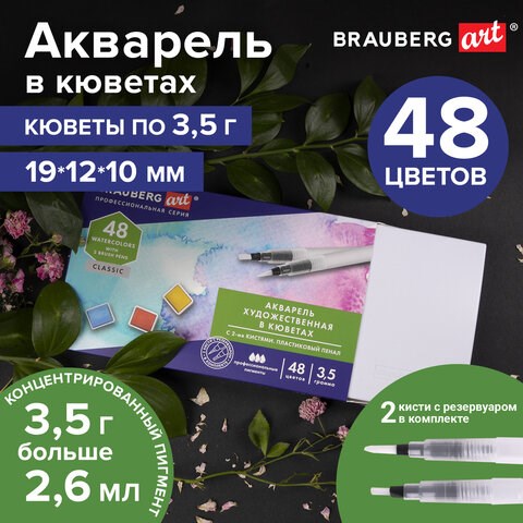Акварель художественная кюветы НАБОР 48 цветов по 3,5 г, пластиковый кейс, BRAUBERG ART CLASSIC, 191772 191772 - фото 326962