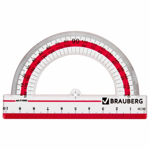Транспортир 10 см, 180 градусов, пластиковый, BRAUBERG "Crystal", прозрачный, с выделенной шкалой, подвес, 210292 210292 - фото 327470