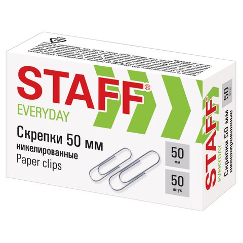 Скрепки большие 50 мм, STAFF "EVERYDAY", никелированные, 50 шт., в картонной коробке, 226759 226759 - фото 328223