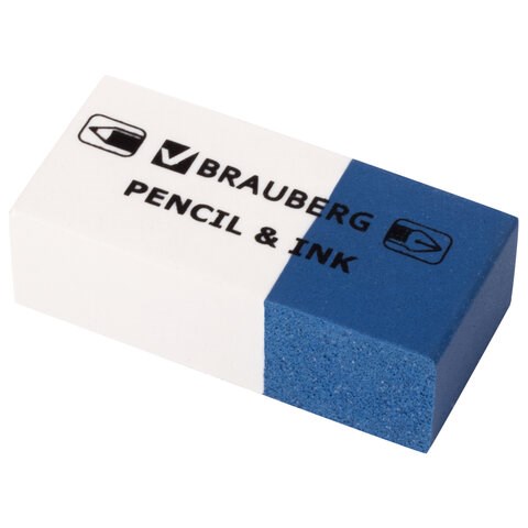 Ластик BRAUBERG PENCIL & INK, 39х18х12 мм, для ручки и карандаша, бело-синий, 229578 229578 - фото 328663
