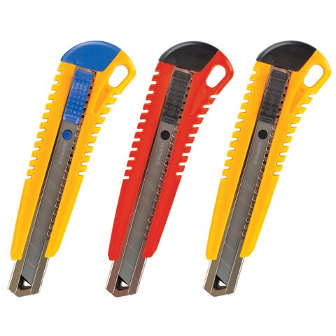 Нож канцелярский 18 мм BRAUBERG Standard, 3 лезвия в комплекте, автофиксатор, корпус ассорти, 230918 230918