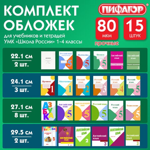 Обложки ПП для тетрадей и учебников, НАБОР 15 шт., КЛЕЙКИЙ КРАЙ, 80 мкм, универсальные, прозрачные, ПИФАГОР, 271264 271264 - фото 330103