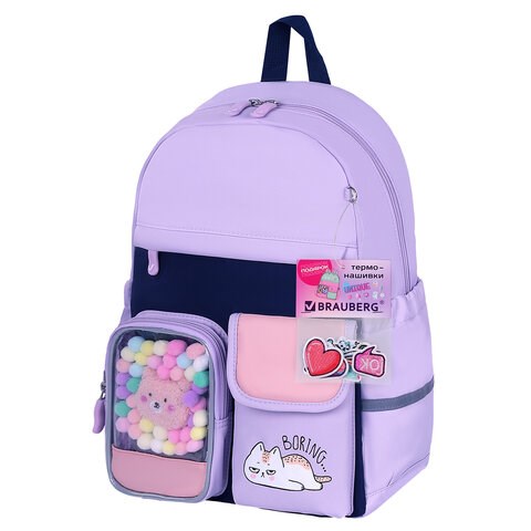 Рюкзак BRAUBERG PASTEL с термонашивками в комплекте, "Lazy cat", сиреневый, 40х29х14 см, 271422 271422 - фото 330159