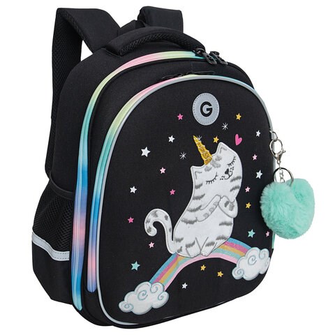 Ранец GRIZZLY анатомическая спинка, c брелоком, для девочек, RAINBOW CAT, 36х28х20 см, RAz-486-2/1 272786 - фото 330759