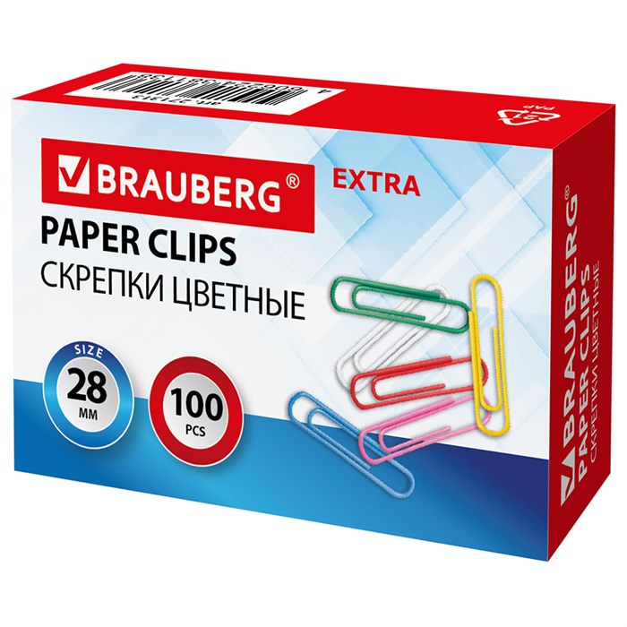 Скрепки EXTRA BRAUBERG 28 мм цветные 100 штук, 271313 271313 - фото 33192