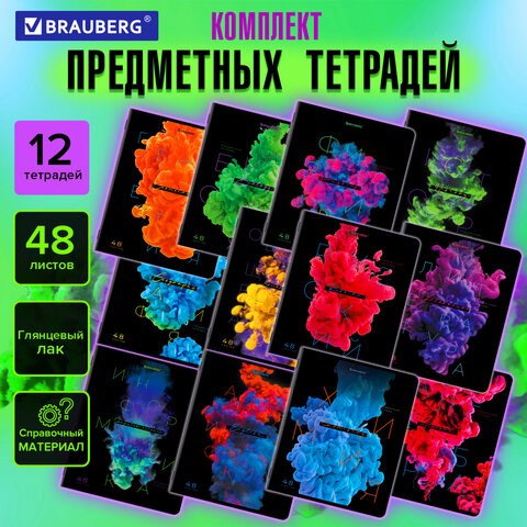 Тетради предметные, КОМПЛЕКТ 12 ПРЕДМЕТОВ, 48 л., глянцевый УФ-лак, BRAUBERG, "PIGMENT", 404834 404834 - фото 334283