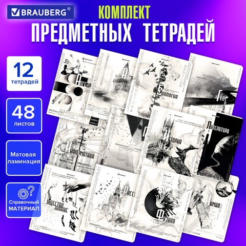 Тетради предметные, КОМПЛЕКТ 12 ПРЕДМЕТОВ, 48 л., матовая ламинация, BRAUBERG, "BLACK&WHITE", 404835 404835 - фото 334284