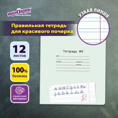 Тетрадь УЧУСЬ ПИСАТЬ № 5 12 л. узкая линия, со справочным материалом, обложка картон, ЮНЛАНДИЯ, 404850 404850 - фото 334294