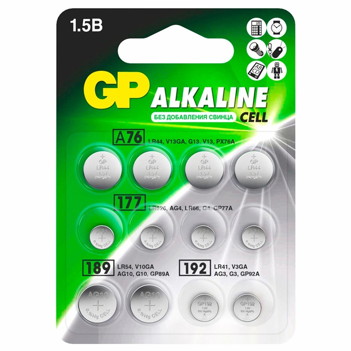 Батарейки НАБОР 12 шт. (А76 – 4 шт., 177 – 4 шт., 189 – 2 шт., 192 – 2 шт.), GP Alkaline, блистер, ACM02F-2CR12 457766 - фото 338060