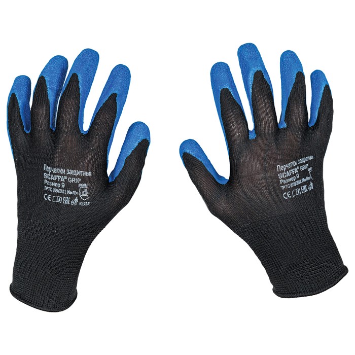 Перчатки нейлоновые SCAFFA "Grip", текстурированное латексное покрытие (облив), размер 9, L (большой) 701644