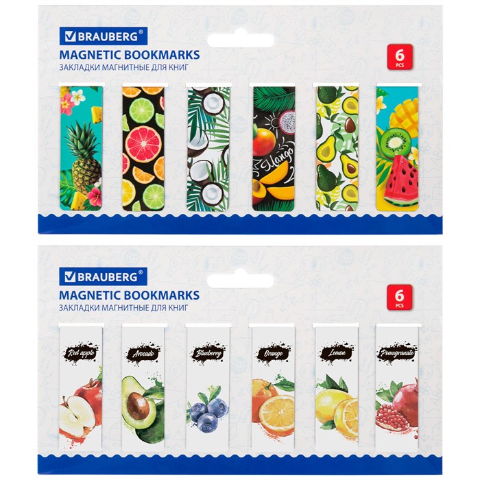 Закладки для книг МАГНИТНЫЕ, "FRUITS", набор 12 шт., 60x20 мм, BRAUBERG, 113173 113173