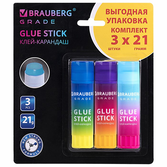 Клей-карандаш 21 г, ВЫГОДНАЯ УПАКОВКА, BRAUBERG "Grade", 3 штуки на блистере, PVP-основа, 271248 271248 - фото 351225